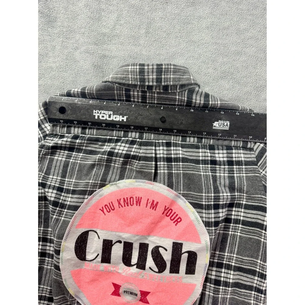 Grey Plaid Flannel Button Down Shirt Back Crush Graphic Patch Long Sleeve Small‎